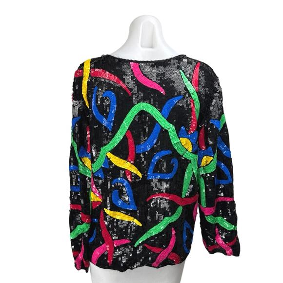 Women's 100% Silk Multicolor Sequin Beaded Open Front Long Sleeve Coat Jacket M - Picture 2 of 4